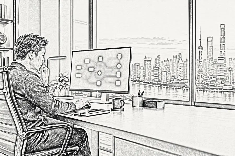 钢笔线稿：运营人员在工位上查看业务工作流节点图，窗外是陆家嘴