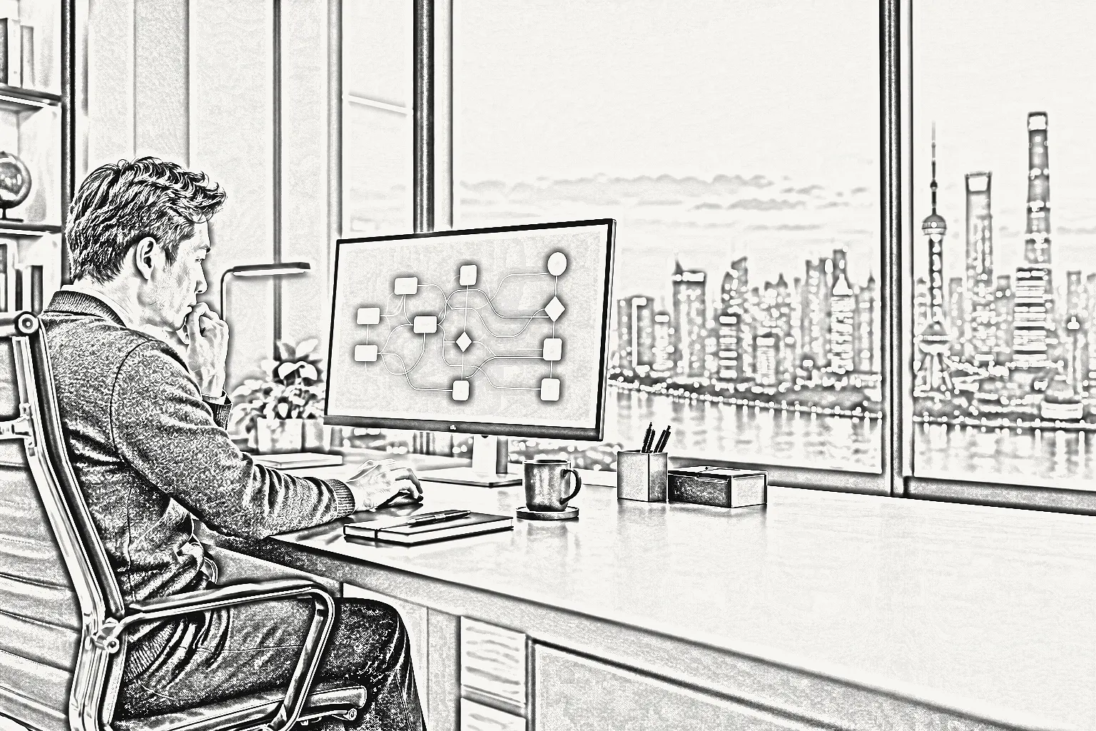 钢笔线稿：运营人员在工位上查看业务工作流节点图，窗外是陆家嘴