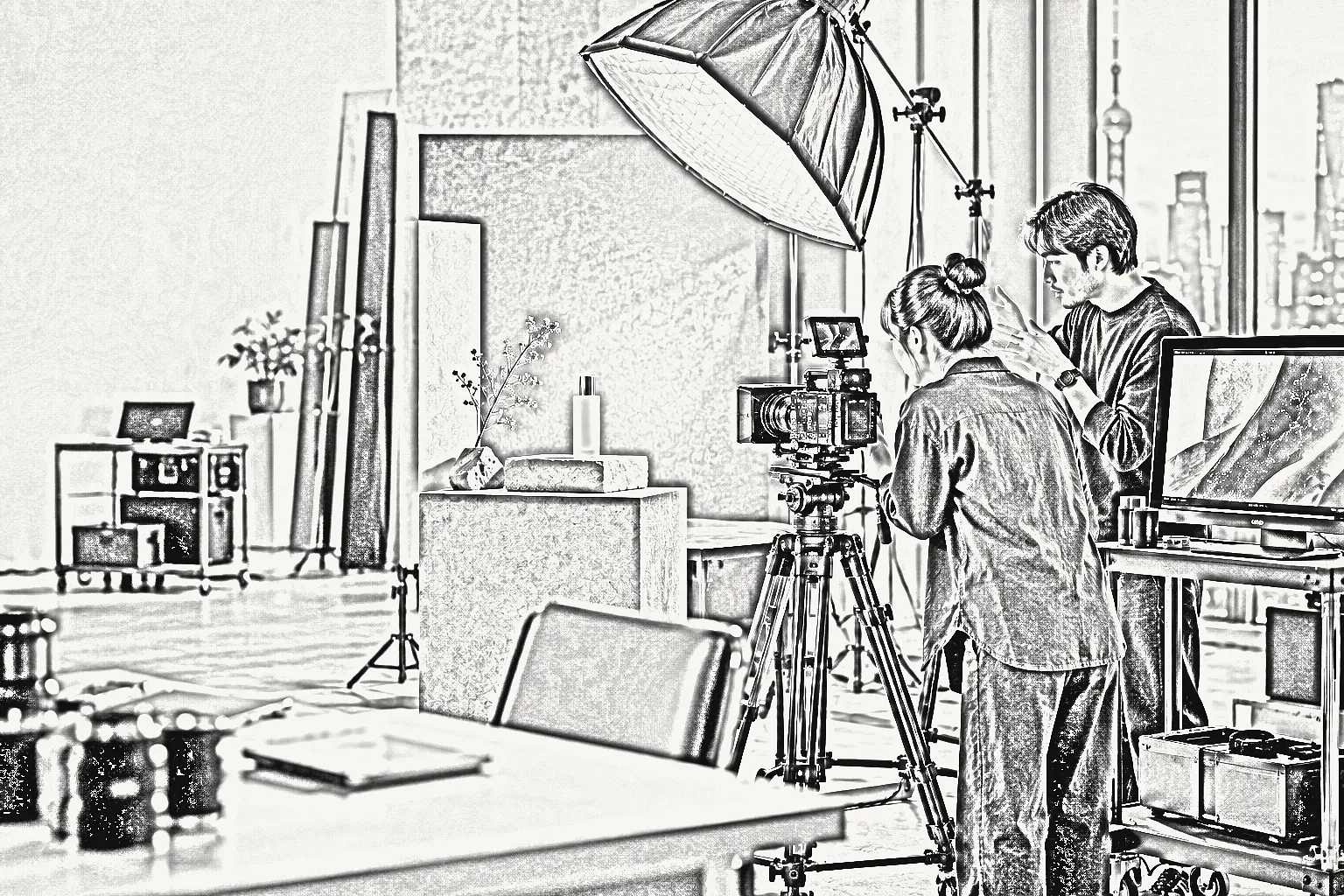 钢笔线稿：内容制作棚，摄影机、柔光灯与两位创作者